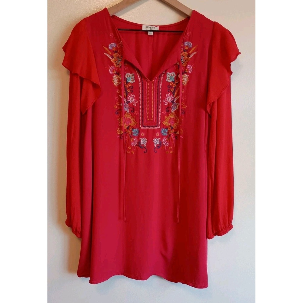 Umgee Tunic Dress Womens L Red Floral Embroidered Ruffle Sleeve Boho Long Sleeve